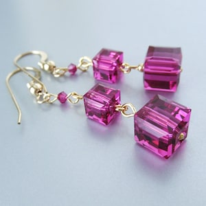 Fuchsia Swarovski Crystal Cube Drop Earrings - 14K Gold Filled