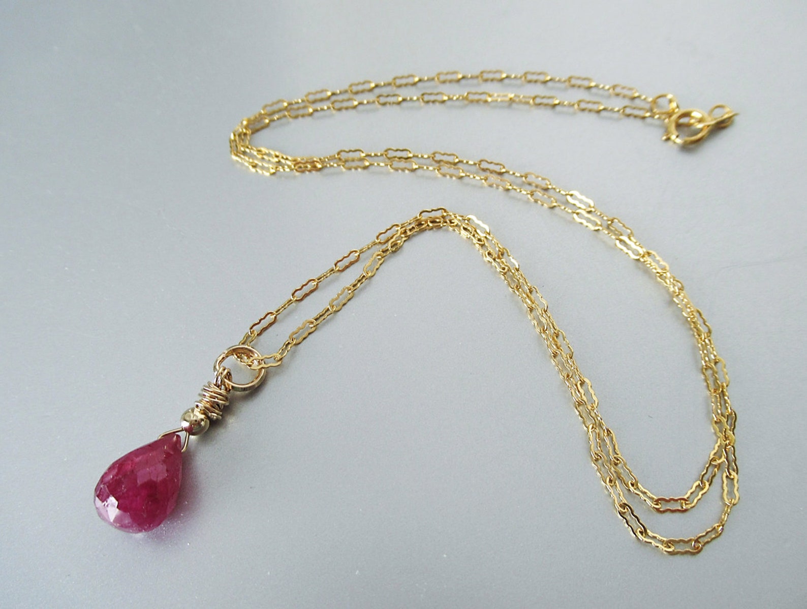 Ruby Teardrop Pendant Necklace 14K Goldfilled July Etsy