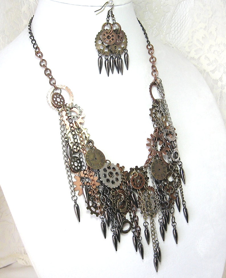 Cosplay Mixed Metal Steampunk Bib Necklace /& Earrings Set Welcome to the Machine