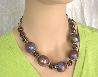 Wooden Bead Necklace - Iridescent Wood & Metallic Beads - Adjustable - Antiqued Brass