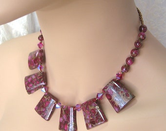 Hot Pink Geometric Gemstone Necklace & Earrings Set - Ruby in Quartz Mosaic Slabs and Magenta Swarovski Crystals