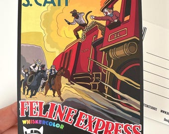 Op de afbeelding: Een zwarte ansichtkaart met een cartoonillustratie getiteld "Feline Express". Het kunstwerk toont katten in een westernsetting, met een trein en cowboys te paard. De tekst bevat "Randolph S. Catt" en "Whiskercolor".