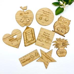 Teacher gift - bamboo earrings on personalised bamboo board, star, owl, pencil, apple, heart, flower vase, ruler, rectangle and circle