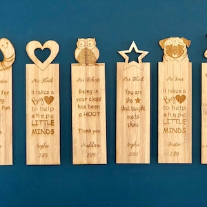 Teacher gift - bamboo bookmark - timber bookmark - wooden bookmark - personalised bookworm, heart, owl, star, pug, unicorn, turtle