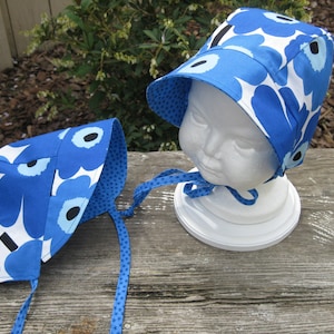Unique Handmade Marimekko Scandinavian Style Reversible Cotton Sun Bonnets; Hearing Aids, Cochlear Implants