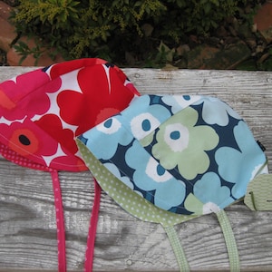 Unique Handmade Marimekko Scandinavian Style Reversible Cotton Sun Bonnets; Hearing Aids, Cochlear Implants