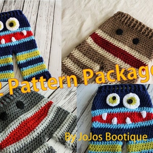 Puede incluir: Dos patrones de crochet para pantalones de bebé a rayas con caras de monstruos. Los patrones están disponibles en paquete y son de JoJos Boutique.