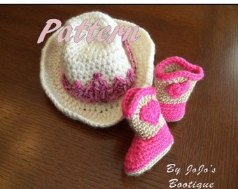 Baby Cowgirl Hat and Boots PATTERNS - Baby Cowgirl Tiara Hat and Sweetheart Boots Patterns - Crochet Patterns -by JoJosBootique