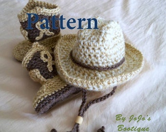 Crochet Baby Cowboy Hat and Booties PATTERN - Western Baby Photo Prop Tutorial - by JoJo's Bootique