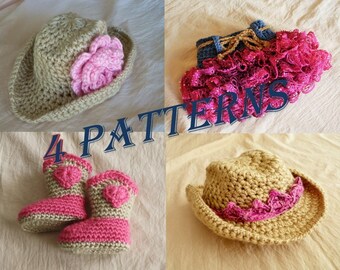 Baby Cowgirl Hats, Boots and Skirt PATTERNS set -Baby Cowgirl Hat, Flower Clip, Tiara, Boots and Ruffled Skirt Patterns -by JoJosBootique