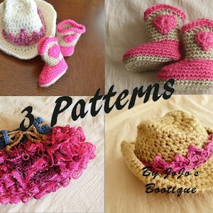 Crochet Baby Patterns - Baby Cowgirl Hat, Boots, Ruffled Skirt and Tiara PATTERNS - Pattern Package - Baby Girl Patterns -by JoJosBootique