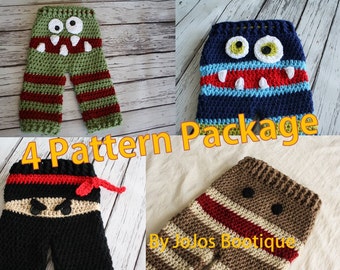 Baby Pants PATTERN Package -  Four Crochet Baby Pants PATTERNS - Baby Monster Pants - Sock Monkey Pants - Ninja Pants - by JoJo's Bootique