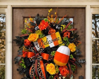 Halloween Candy Corn Wreath, Handmade Halloween Front Door Decor, Welcome Fall Wreath, Pumpkin Door Hanger, Spooky Porch Decoration, Autumn