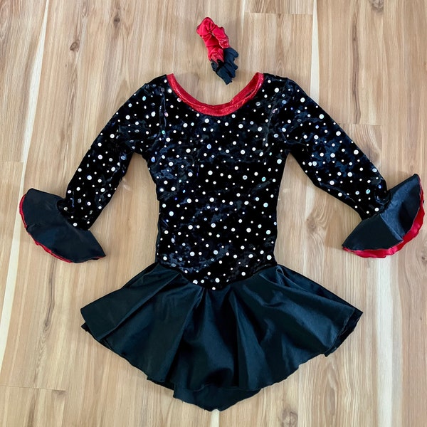 Figure Skating Dress Child Small 6-8, Girls Velvet  Dance/ Twirl Costume with 3/4 length sleeves and Scrunchie
