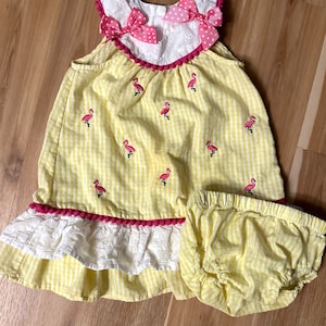 Vintage size 18 months Seersucker Dress w/  Bloomers,Retro Nannette Seersucker Summer set with Pink Flamingos