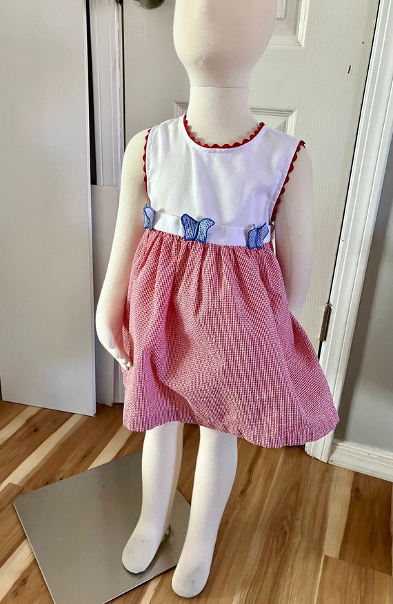 Vintage 4T Seersucker Gingham Dress with Butterfly