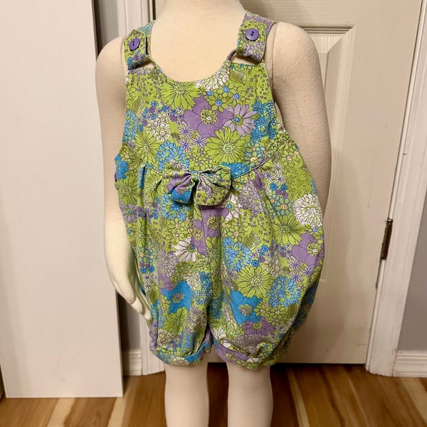 Vintage Size 3T Floral Denim Bubble Romper, Retro Girls Overalls Little Lindsey One Piece 90s Outfit