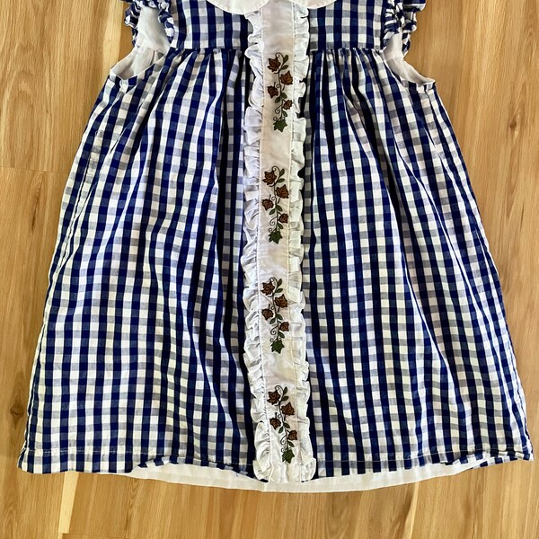 Child size 6 Blue Gingham Dress with Ruffles and embroidery, Retro Pinafore Style Child Dress with Petticoat