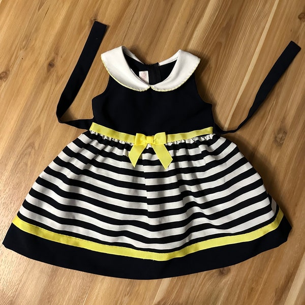 Vintage 18 months 90s  Sailor Dress, Retro Baby Girls Navy Striped Dress with Yellow Accents