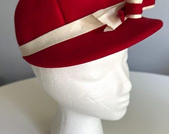 Vintage Red Wool Ritz Henry Pollak Cloche Hat With Ribbon  display picture 3