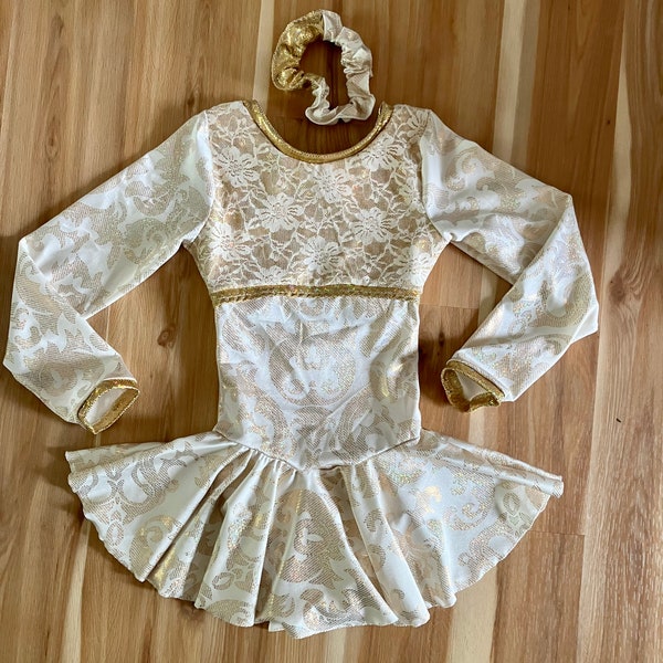 Figure Skating Dress Child size Small 6-8, Cream and Gold Sparkle Dance Costume with Scrunchie