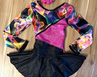 Figure Skating Dress Child size Small 6-8,Dance Costume with Scrunchie Velvet Print