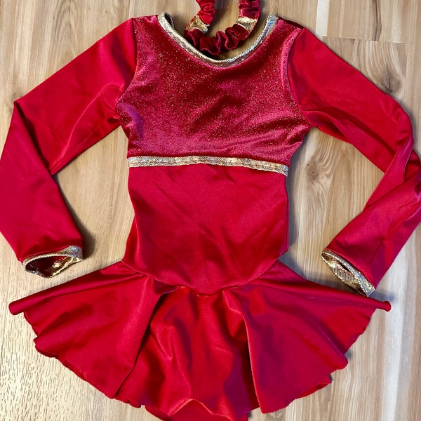 Figure Skating Dress Child size Small 6-8, Red Velvet Sparkle Dance Costume with Scrunchie