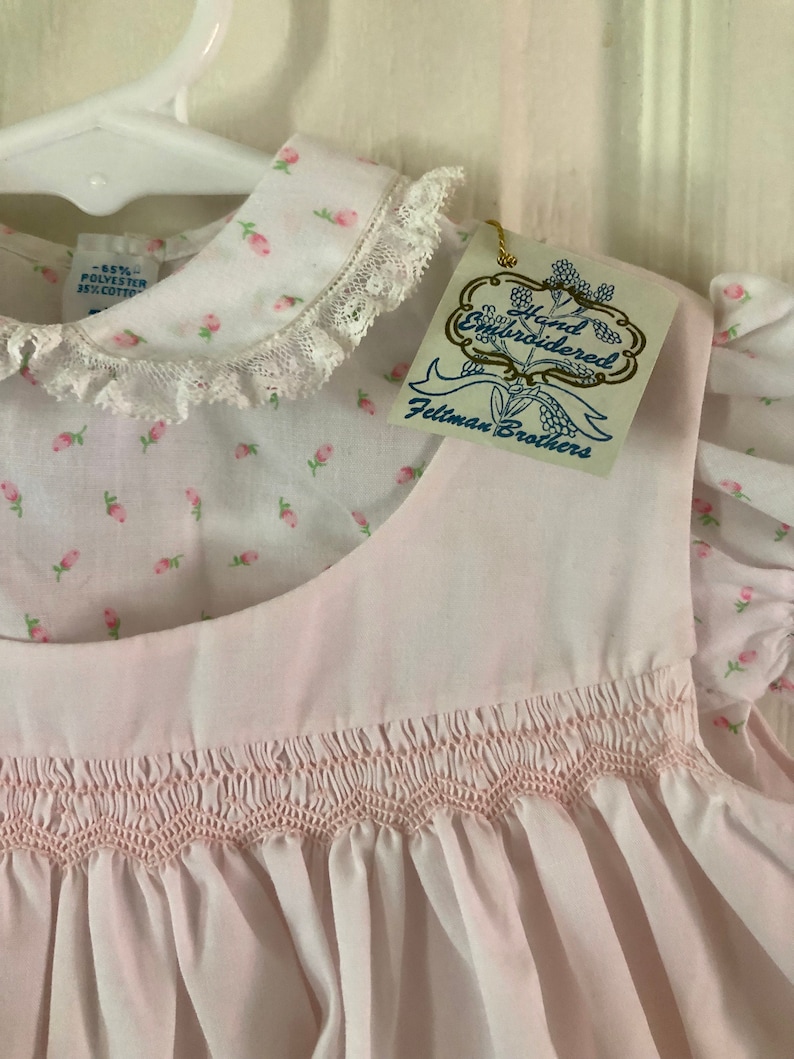Hand Smocked Baby Dress size 3-6 mths Deadstock with tags Pinafore and Rosebud top 2 Piece Vintage Feltman Bros