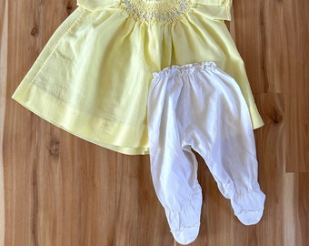 Vintage 9-12 months Smocked Yellow Dress with Footed Bloomers, Handmade Infant Bishop Dress