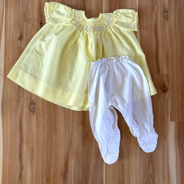 Vintage 9-12 months Smocked Yellow Dress with Footed Bloomers, Handmade Infant Bishop Dress