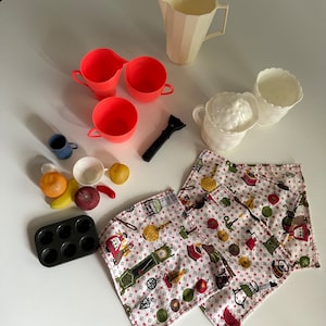 Vintage Childs Play Dishes with Pots, Pans.Cloth Napkins Utensils