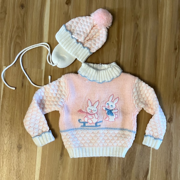 Vintage Baby 18 months Sweater and Hat Set Retro 90s Infant Bunny Sweater Set