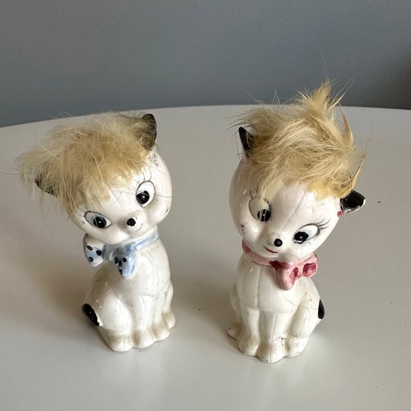 Vintage Cat Salt and Pepper Shakers, Retro Kitties with Fur Japan