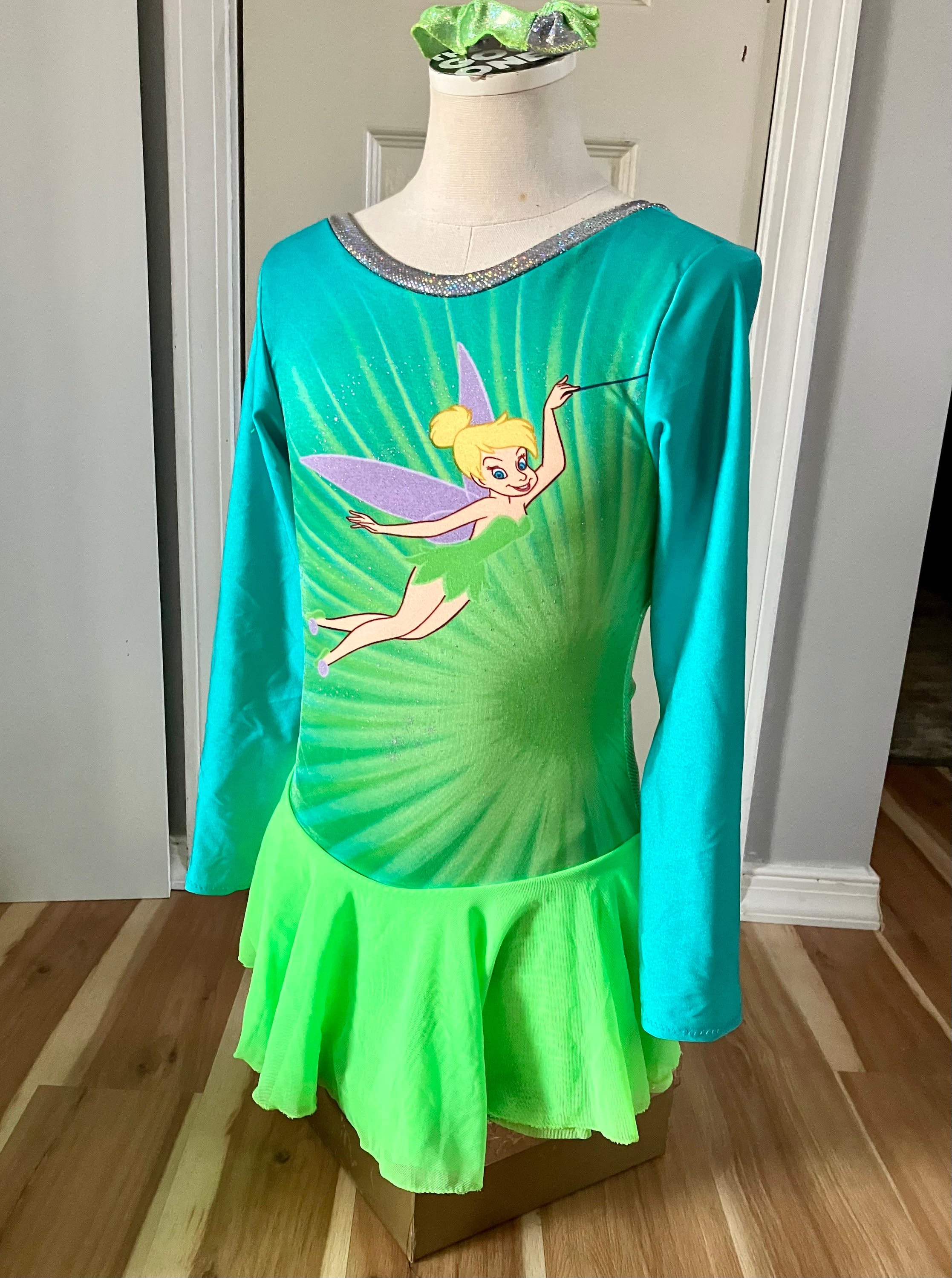 Figure Skating Dress Child size Medium 8-10, Tinkerbell Girls Dance Skate Costume with Scrunchie