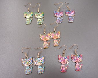 Cat Earrings, Painted Cat Earrings, Decorative Cat Earrings, Artistic Cat Earrings, Abstract Art Earrings