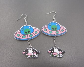 UFO Earrings, Spaceship Earrings, Alien Abduction Earrings, Plastic UFO Earrings, Cow Earrings, Alien Earrings