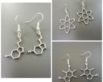 Set of Molecule Earrings, Set of Three Chemistry Earrings, Science Earrings, Caffeine Earrings, Serotonin Earrings, Atom Earrings,