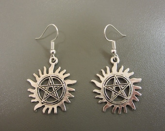 Flaming Pentangle Earrings - Protection Charm Style Earrings - Supernatural themed earrings - Supernatural earrings