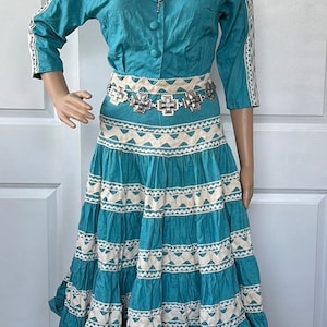 vtg 1950s turquoise western rik rak top full circle skirt outfit xxs vintage