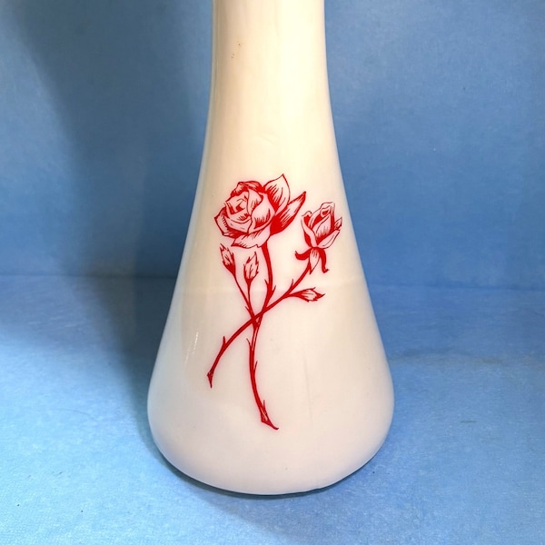 Vintage Milk Glass Flower Bud Vase White with Red Rose Scalloped Edge