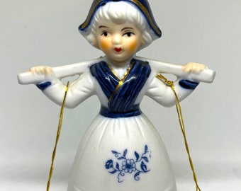 Vintage Delft Girl with Milk Buckets Bell, in beautiful condition. Blue Delft Bell Holland