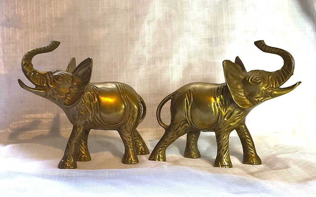 2 Vintage Solid Brass Elephants Trunks up Good Luck Figures Etsy