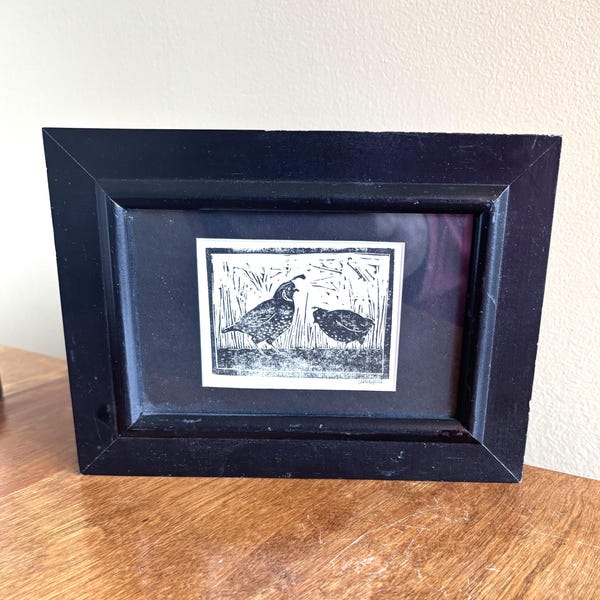 Beautiful Framed Lino Cut print signed California Quail male and female black wood frame glass front Country Farmhouse decor