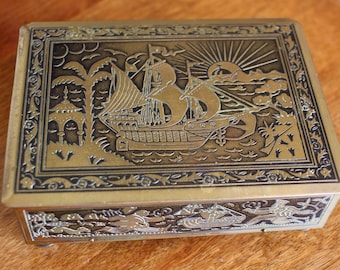 Antique Art Deco Exotic Brass Music Box,  circa 1920&#39;s  with key plays Blue Danube Waltz Strauss