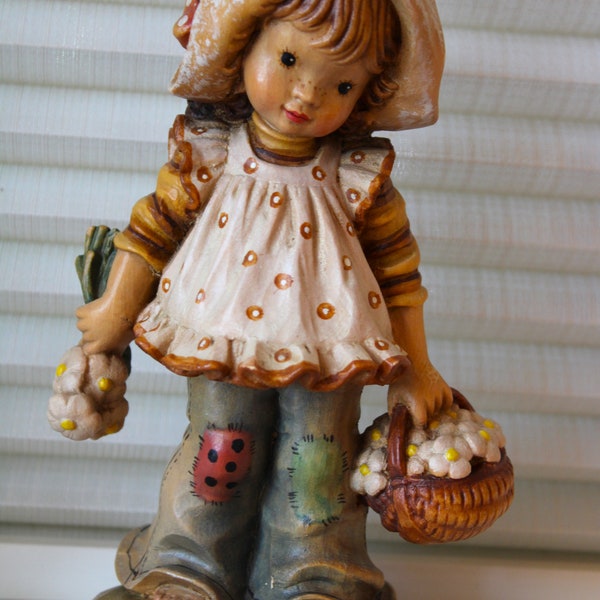 Vintage Anri Sarah Kay Picking Daisies Wood Carved Figurine 7" Tall Limited Edition 399/4000