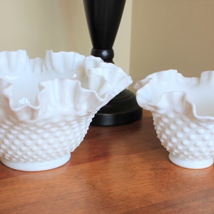 2 FENTON 9 inch & 6.25 inch White Hobnail Milk Glass Ruffled Bowls Gorgeous!