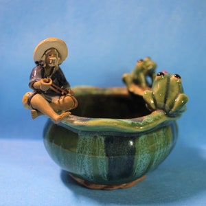 Vintage Frog and Lilypad & Chinese MudMan Mudmen Planter Vase Glazed Art Pottery