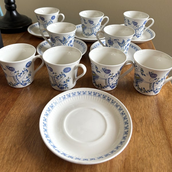 Figgjo Flint Turi-Design Norway Lotte 5 Cups and Saucers and 4 spare cups and plate  Blue Girl Bird Design