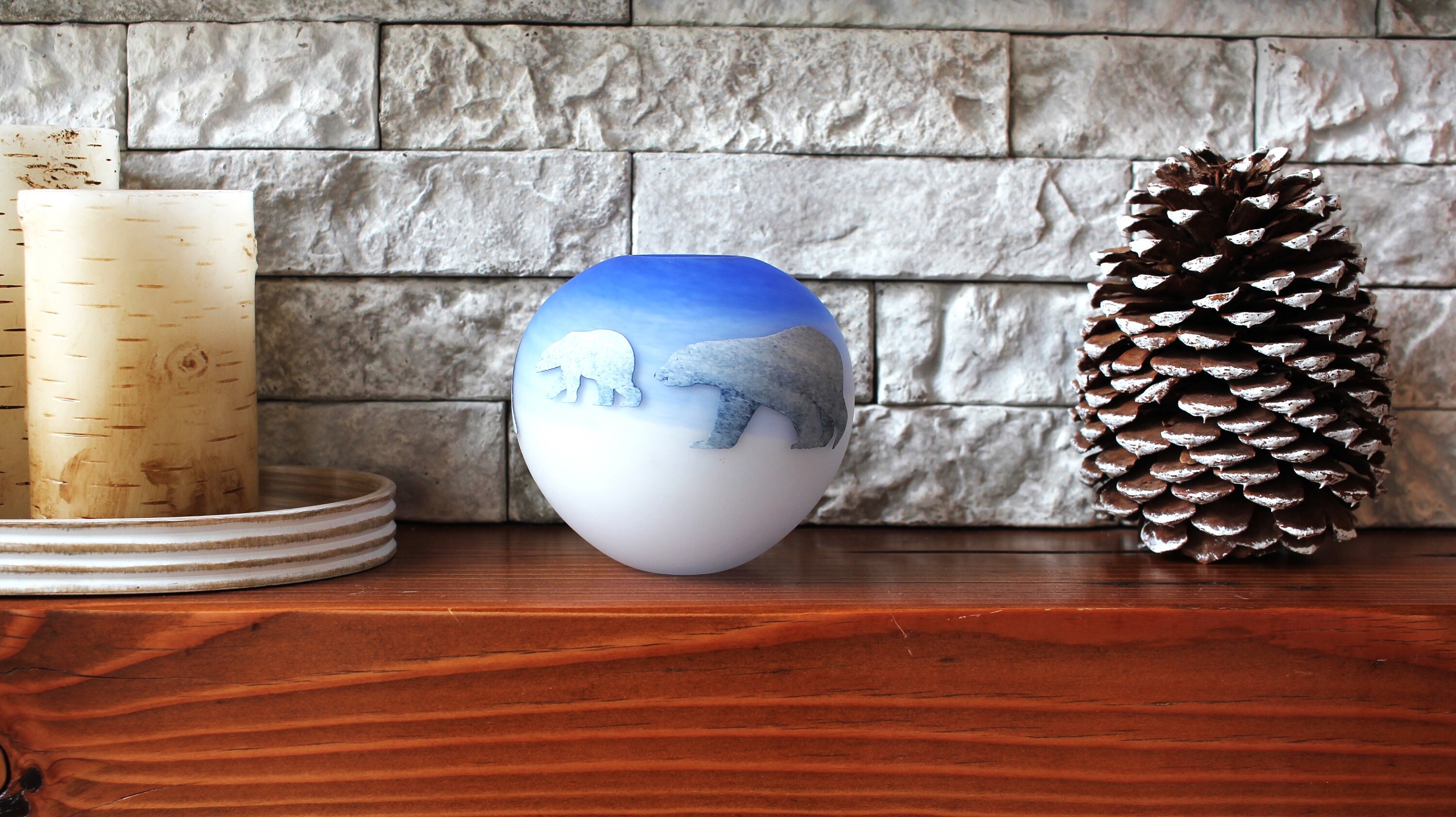 北極熊 ガラス細工 Malcolm Sutcliffe Studio Art Glass POLAR BEARS VASE Blue Signed