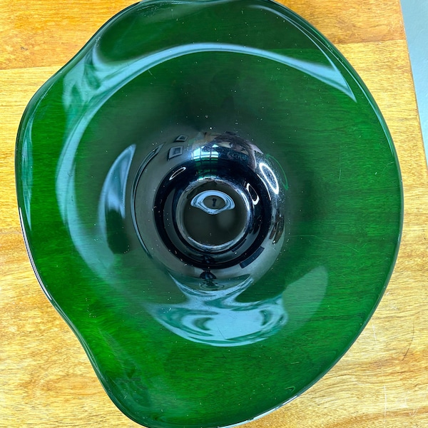 Vintage MCM Emerald Green Glass Bowl unusual shape Completely Gorgeous with stunning color Christmas decor Collectors piece